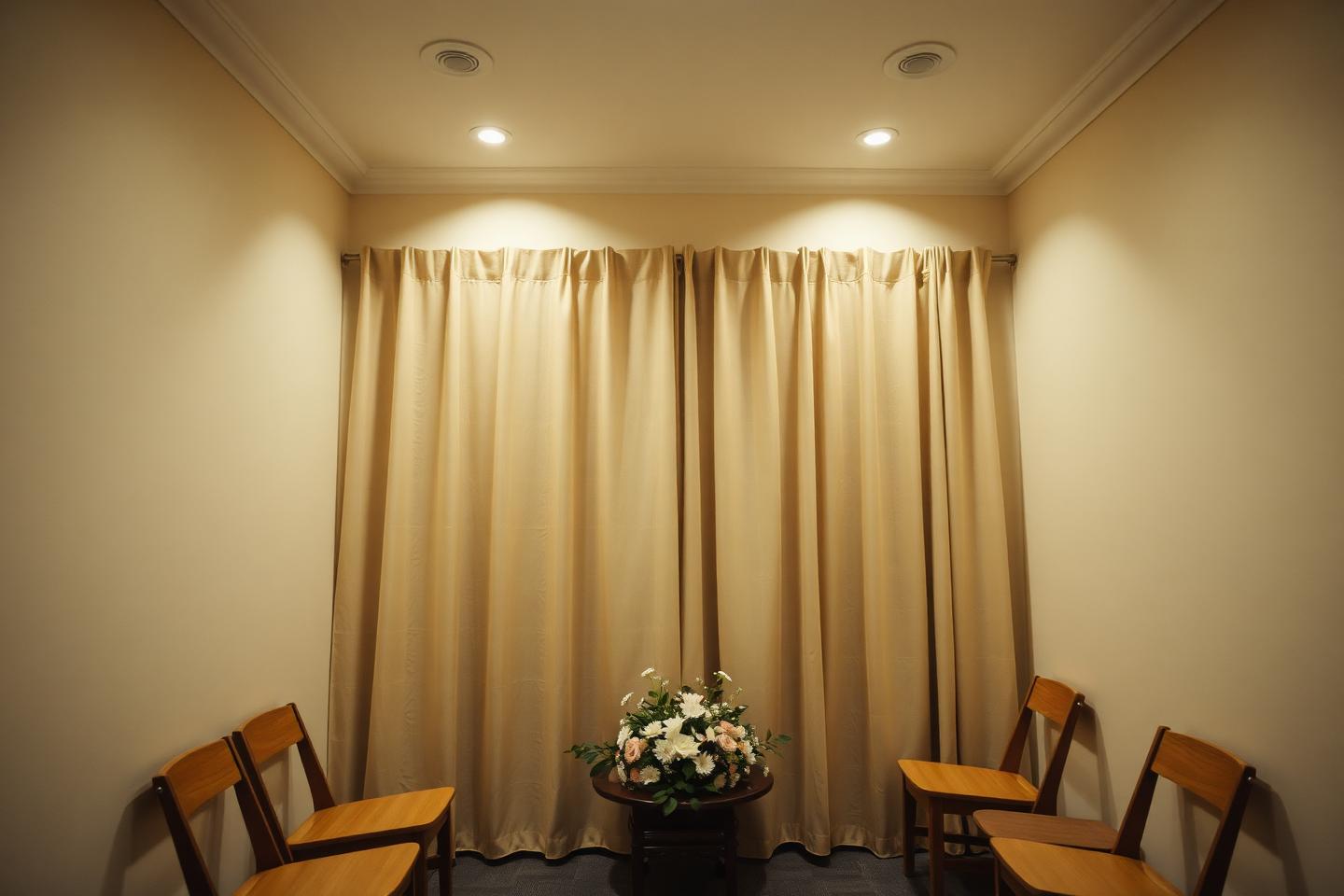 Sala de velório climatizada, com iluminação suave e arranjo floral